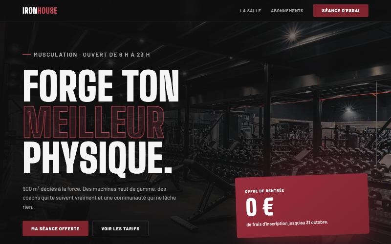 Exemple de landing page pour Ironhouse, une salle de musculation au style sombre et bordeaux